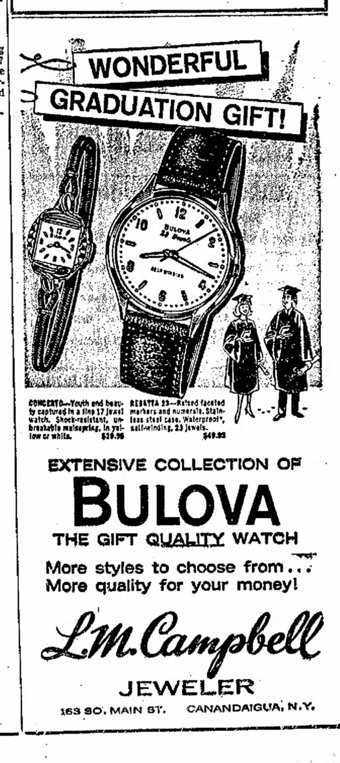 Bulova graduation watch advertisement from L.M. Campbell