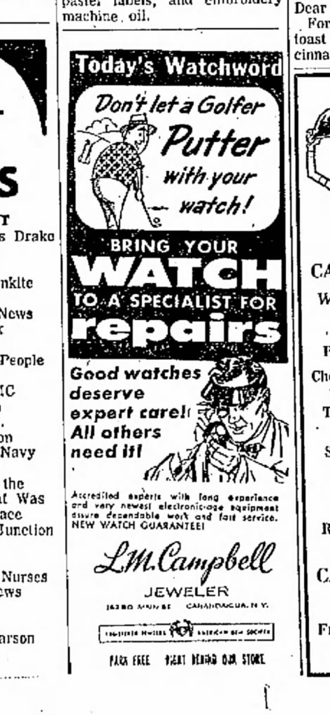 Watch repair advertisement from L.M. Campbell