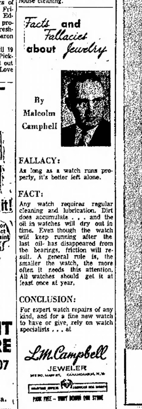 Facts and Fallacies About Jewelry newspaper clipping with Malcolm Campbell portrait
